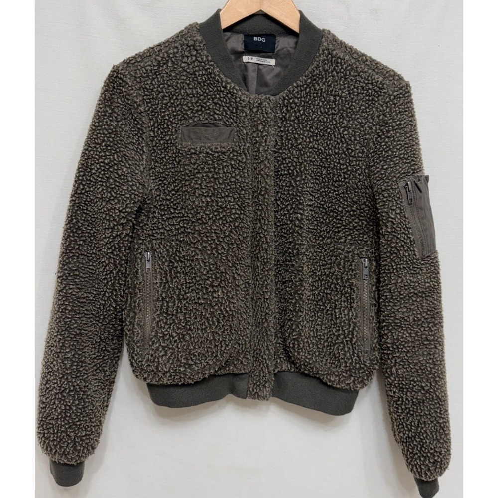 BDG Womens Bomber Jacket Olive Green Faux Sherpa Fleece Full Zip Utility Casual